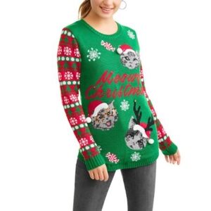 NOBO Juniors' Light up Meowy Christmas Holiday Sweater Green Size M 7/9